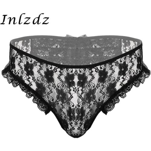 Mens Lingerie Sexy Sissy Underwear Sheer Floral Lace Low Rise with Elastic Waistband G-string Briefs Erotic Crotchless Panties