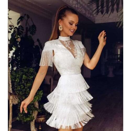 Wholesale 2020 Newest Women dress high quality White pink tassel V-neck sexy Celebrity Cocktail party bandage dress