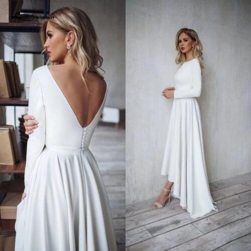 Thinyfull Simple Long Sleeves O Neck Wedding Dresses Boho Elegant High/Low Back Button Beach Bridal Gowns Bride Dress Vestidos