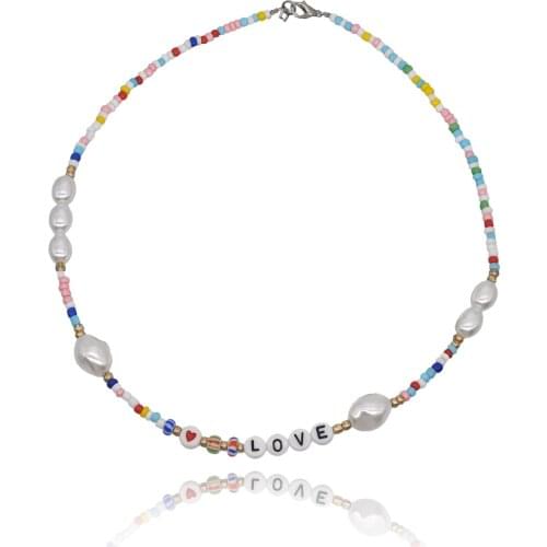 Heart Love Letter Pearl Necklace Women Bohemian Color Rice Bead Neck Clavicle Chain Gifts for Girls Outing Wear Popular Jewelry