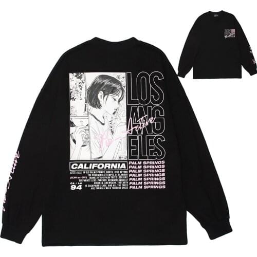 Women Streetwear Hip Hop Sweatshirt Anime Girl Smoking Letter Print Top Harajuku Cotton Summer Casual Long Sleeve pullover Black