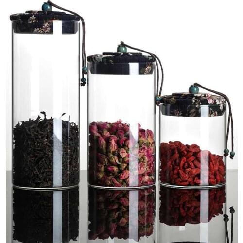 Heat resistant glass tea can with straight cloth cover tea organizer canister set kitchen tea storage glass bottle