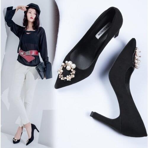 New European And American Style Pointed Pearl Flower Thick Heel High-Heeled Shoes Fashion Women Pink Heels Shoes Women 2020