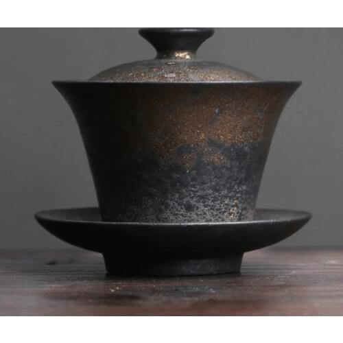 Vintage Stoneware Covered Bowl Handmade Pottery Kung Fu Tea Ceremony Wide Mouth Hand Grab Tea Bowl Tea Set