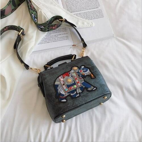 Vintage Embroidery Elephant Bag Bags Wide Butterfly Strap PU Leather Women Shoulder Crossbody Bag Tote Womens Handbags Purses