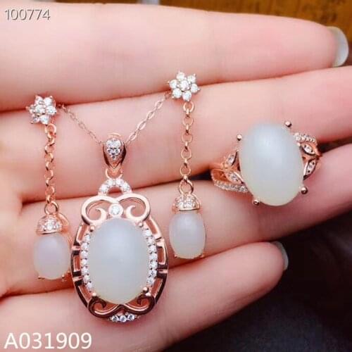 KJJEAXCMY boutique jewelry 925 sterling silver inlaid Natural White jade Necklace Ring Earring Set Support detection fashion