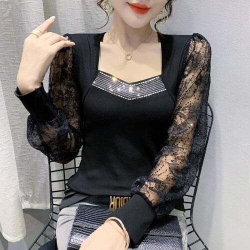 New 2021 Autumn Womens T-Shirt Fashion Sexy Square Collar Hollow Out Lace Tops Elegant Slim Long Sleeve Women Clothing