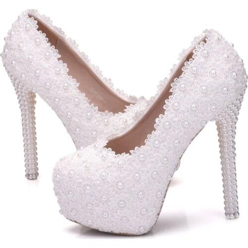 Women platform high heels flower white lace wedding shoes women pumps big size women bridal shoes female high heel shoes