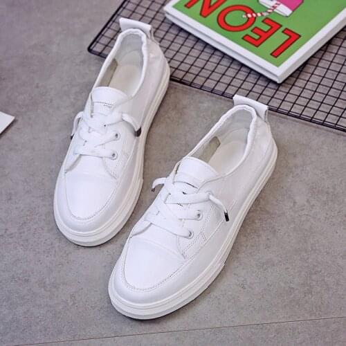2020 Spring Surface White Casual Breathable Flats Fashion Lace-Up Sneakers Women Vulcanized Shoes Leather Platform Shoes