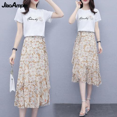 Women Summer Short Sleeve Clothing Suit 2021 Daisy Flower T-Shirt Skirts Set Lady Graceful Prairie Chic Leisure Chiffon Dress