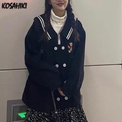 KOSAHIKI Kawaii Jackets Women Bear Embroidery Cute Tops Korean 2021 Fashion Casual Kpop Loose Coat Autumn All Match Chaqueta