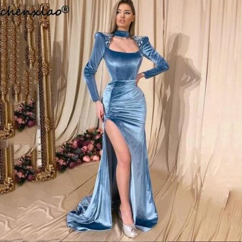 Blue Velvet Mermaid Evening Dress Long Sleeve Robe de Soiree Halter Neck Side Split Evening Party Gowns