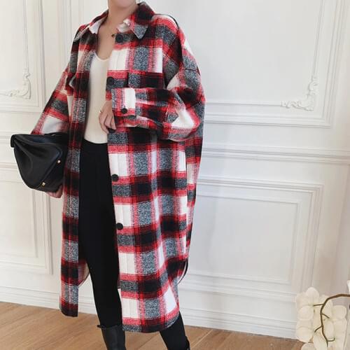 Two Colors Women Plaid Long Jacket Woolen Long Sleeve Casual Autumn Winter Female Coat