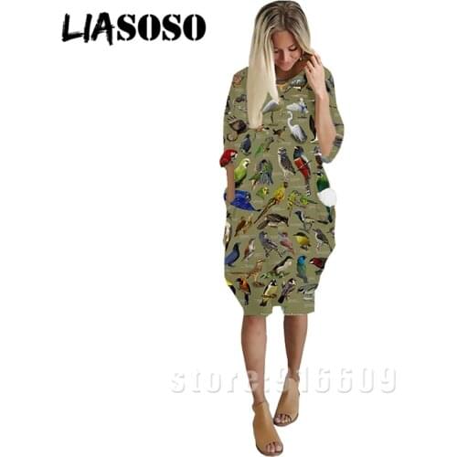 LIASOSO 3D Print Fashion DRESS Rock New Harajuku Animal Bird Parrot Women Anime Gown Lady Girl Party Long-sleeve Dress