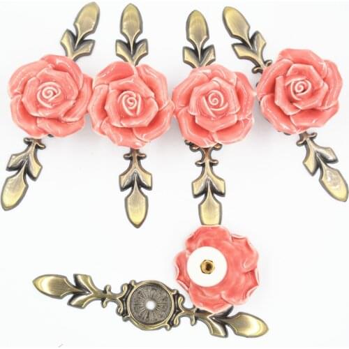 5pcs/Set Small Pink Rose Flower Ceramic 119mm Door Handle Kitchen Cupboard Closet Drawer Cabinet Pulls Knob with Alloy Base