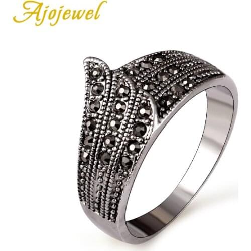 Ajojewel #7-9 Brand Elegant Retro Rhinestones Finger Rings Wing Black Rings For Women Vintage