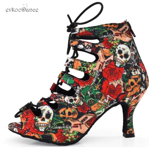 Evkoodance Professional Ballroom Dance Shoes 7cm Ladys Salsa Dance Shoes Suede Small Skull Women Latin Dance Boots for Holloween