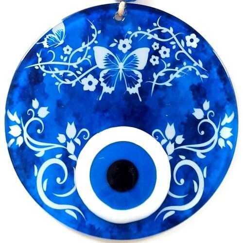 Blue Evil Eye Beads Butterfly Pattern Fusion Glass 16 Centimeter Wall Decoration