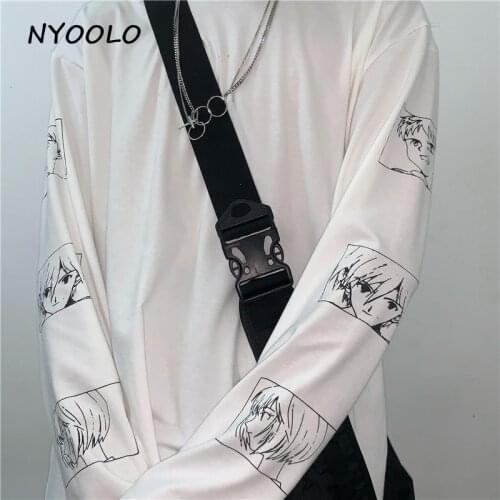 NYOOLO Harajuku Simple Design Anime Character Print Tee Shirt Top Autumn Streetwear Long Sleeve O-Neck T-shirt Women Men Clothes