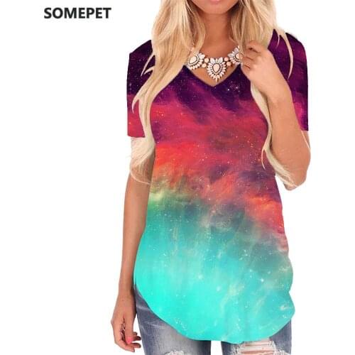 SOMEPET Colorful T Shirt Women Galaxy Tshirts Printed Nebula T-shirts 3d Space V-neck Tshirt Womens Clothing Summer Printed