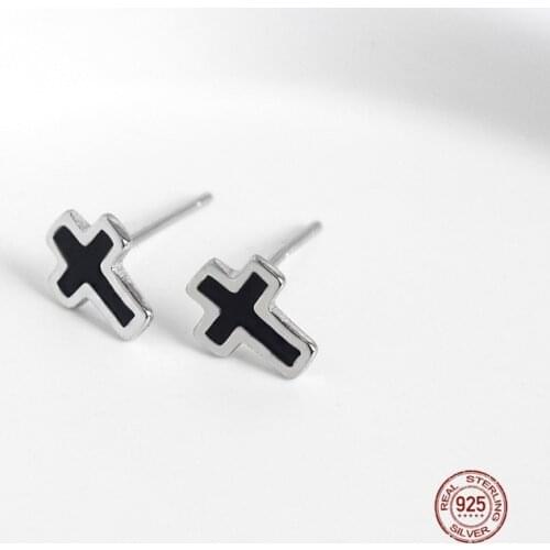 LKO Vintage Simplicity Design Drop Glaze Cross Stud Earrings 925 Sterling Silver Earrings Trend Chic Women Men Earring Ornaments