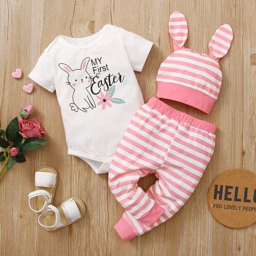 My First Easter Baby Girl Boy Clothes Set 3Pcs Bunny Hat Bodysuit And Striped Baby Girls Boys Easter Outfit Newborn Baby Clothes