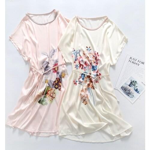 Nuisette Sexy Lingerie Women Satin Night Dress O-Neck Print Flower Sleepwear Nightwear Casual Nighties Gown Loose Sleepshirt