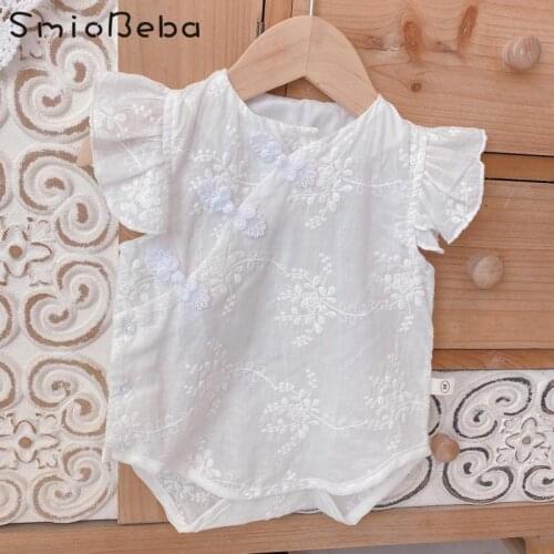 0-2 Year Baby Embroidered Cheongsam White Lace Rompers Chinese Style Girl Summer Princess One Piece Birthday Wedding Bodysuits