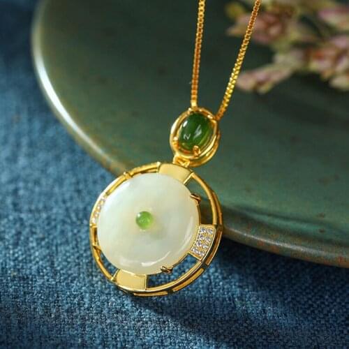 Natural White jade S925 Gold plating mosaicgood luck Necklace Safety Buckle pendant jasper Jewelry for Man Women Amulet Gifts
