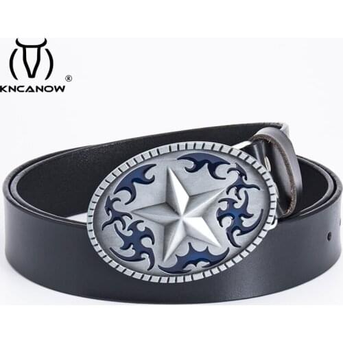 Belts For Men Made Of Whole Cow Leather Star Oval Blue Buckle Western Cowboy Luxury Brand Mens Owner Biker Trouser Black Belt