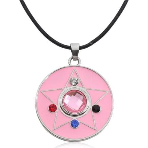 DIY Anime Necklace Round Pink Pentagram Color Rhinestone Pendants For Women Girl Leather Rope Necklaces Choker Jewelry Gift 2021