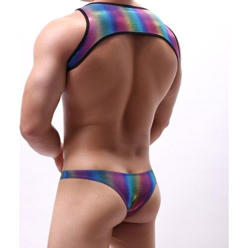 Sexy Mens Lingerie PU Leather Crop Top Costume Thong Mini Shiny Tank Tops Vest Penis Pouch Underwear Set Club Stage Suits