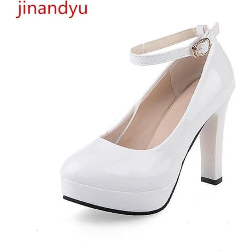 Thick Heels Platform Pumps Red White Heels Fashion Ankle Buckle Party Heels Women Shoes High Heel Female Wedding Shoes Bride