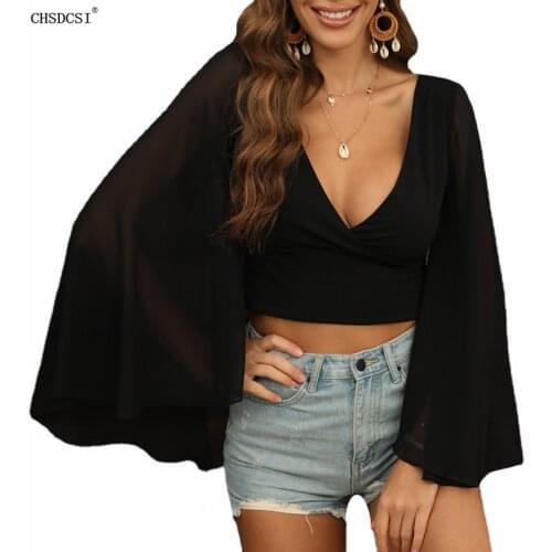 CHSDCSI Long Sleeve Shirts for Women Summer Clothes Sexy Solid Color Casual Deep V-Neck Black Office Lady Club Streetwear Top