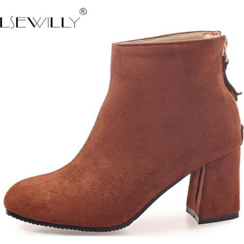 Lsewilly 2019 Women Boots Shoes Square High Heels Zipper Flock Ankle Boots Round Toe Autumn Shoes Boots Plus Size 34-43 S639