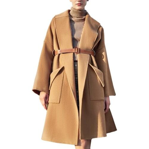2020 Turn Down Collar Woolen 90% Wool Camel Cashmere Matreial Open Stitch Women Coat Chaqueta Mujer Femme