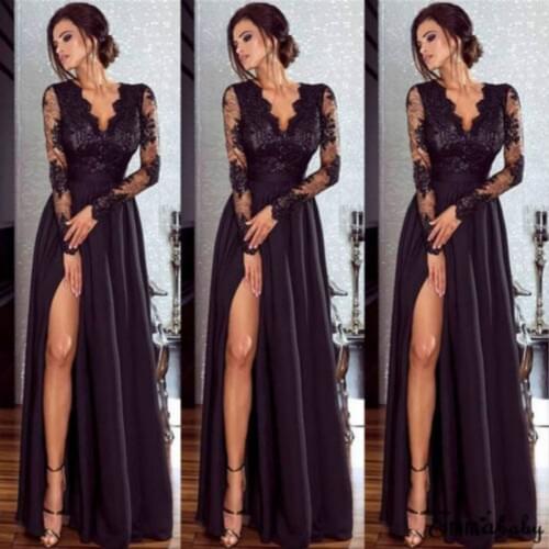 Women Evening Dress Lace Dresses Formal Long Ball Prom Gown Evening Party 2021 Hollow Out Deep V-Neck Long Sleeve New Fashion