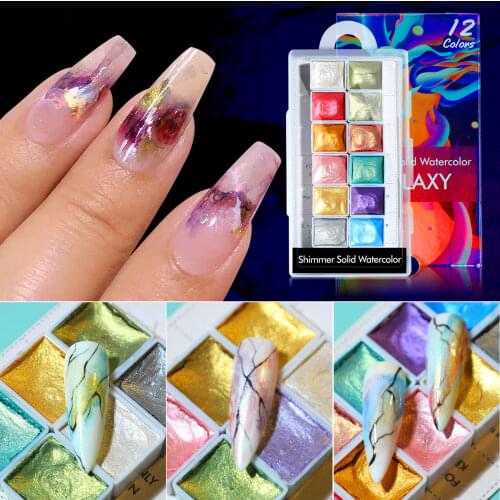 12 Colors Glitter Mineral Pearlescent Watercolor Pigment Solid Watercolor Powder Shimmer Nail Art Free Plate and Pen