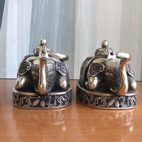 2pcs buddhist bronze coated silver elephant shape figure teapot 13 cm tall Garden 100% real Tibetan Silver Brassroom