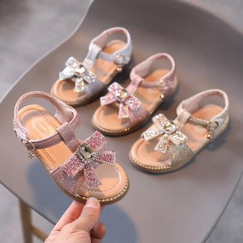 2021 Kids Sandals Summer Bow Crystal Bling Princess Shoes Toddler Infant Kids Baby Girls Open Toe Hollow Hook Loop Shoes Sandals