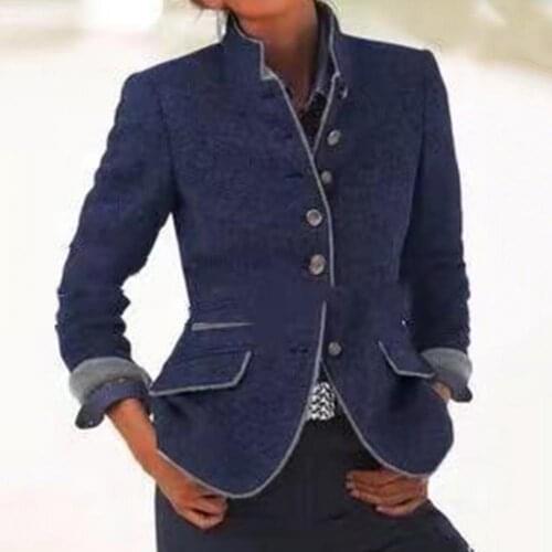 Ladies Chic Retro Coat Solid Color Stand Collar Button Jackets Elegant Casual Winter Outwear Office Tops Women Slim Clothes 2021