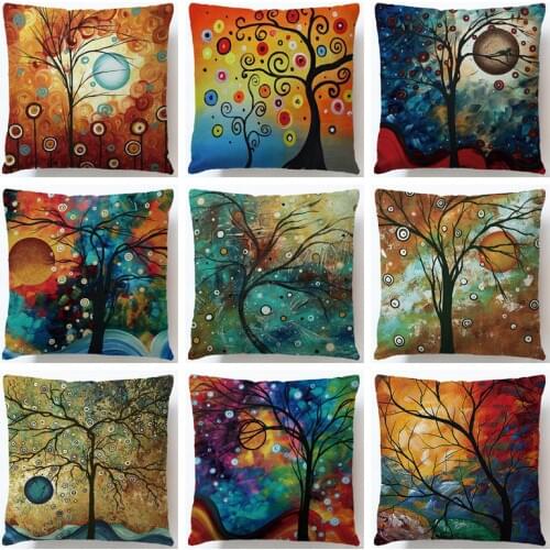 45x45cm Oil Painting Cushion Cover Colorful Tree Linen Cotton Pillow Case For Sofa Car Seat Home Decor Almofadas