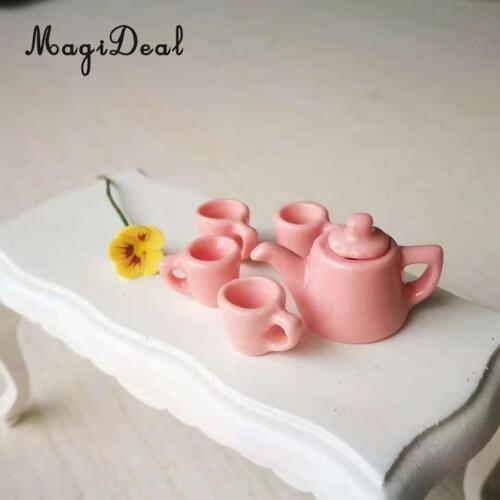 5 Pieces 1/12 Dollhouse Miniatures Dining Ware Porcelain Tea Cup Set Kitchen Accessory Pink
