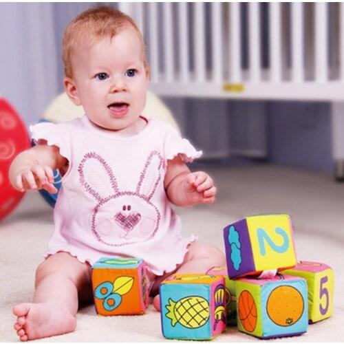 6Pcs/Set Baby Blocks Cute Pattern Early Learning Fabric Soft Teething Blocks Toddler Sensory Training Chewing Teether Toys