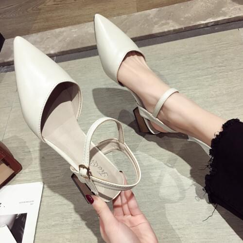 Summer new pointed toe cap shallow mouth Roman sandals word buckle grandma shoes hollow thick with high heels women
