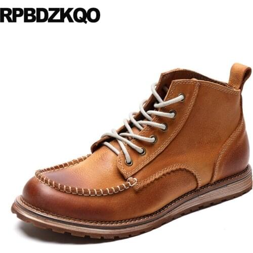 Booties genuine leather autumn handmade shoes brown comfortable short winter men boots with fur full grain 2019 lace up black