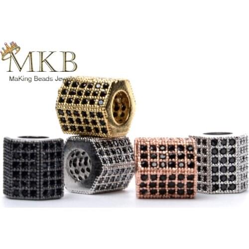 Fashion Geometric Micro Pave Black Cubic Zirconia Beads For Jewelry Making 8mm Hexagon Spacer Beads Diy Bracelet Accessories