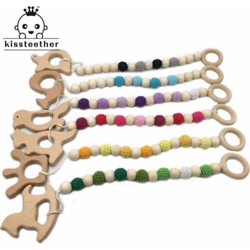 Baby Teething Toy Wooden Rings Animal Teether Eco-friendly Teething Crochet Beads Chewable Infant Holder Wooden Teether