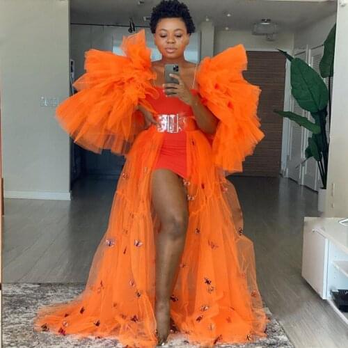 3D Butterfly Long Formal Dress Vestido De Festa Orange Fashion Woman Dresses Ruffles Sleeve Tulle Evening Gown Custom Made