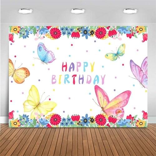 Happy Birthday Backdrop Butterfly Flower Grass Cartoon Photography Background Kids Birthday Party Photo Background Photo Studio
